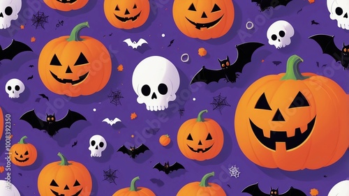 Halloween theme, featuring a seamless pattern layout. The background is purple with jack-o'-lanterns with carved faces. Interspersed among the pumpkins are bats, spider webs, and ghosts.