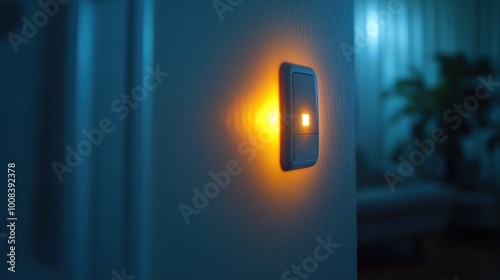 Illuminated light switch in a dimly lit room at night.