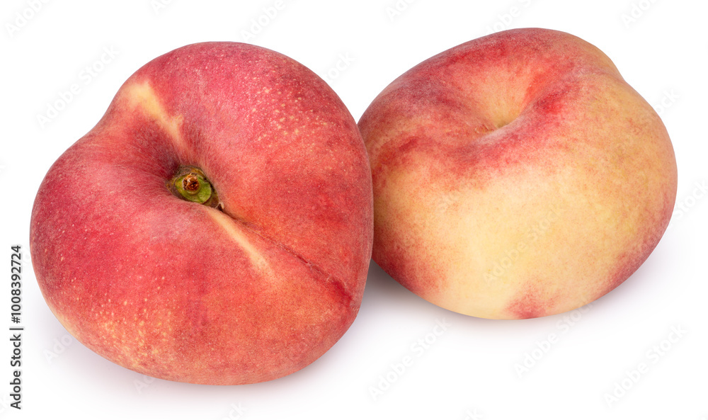 Flat peach or Donut Peach on white background, Flat Peach premium fruit isolate on white with clipping path. Flat peach or Donut Peach on white background, Flat Peach premium fruit isolate on white with clipping path.