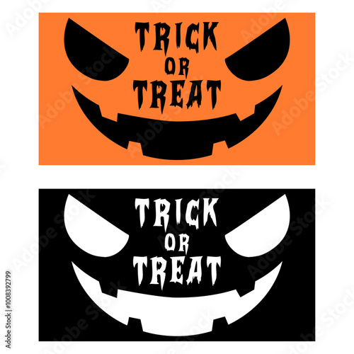 Banner horizontal con mensaje Trick or Treat con cara de calabaza de Halloween para tarjetas y felicitaciones