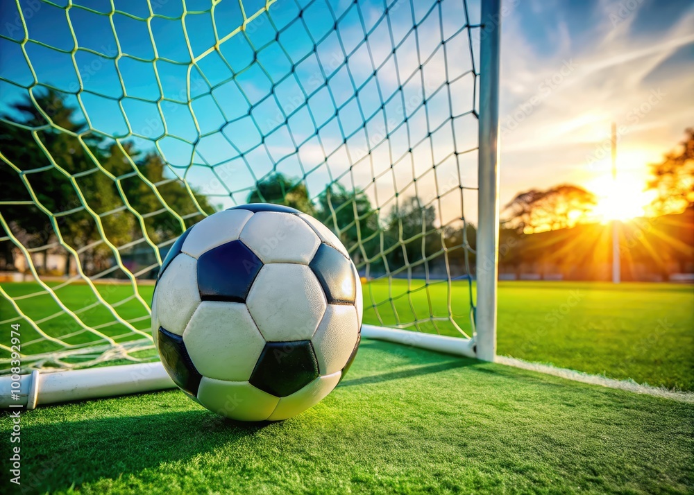 Naklejka premium Close-up of a football nestled in the net of a goalpost on a vibrant green soccer field