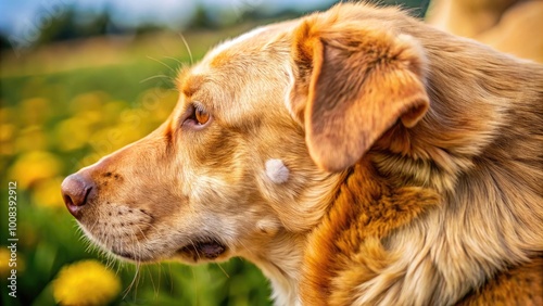 Close-up of a Dog's Skin Showing Papilloma Wart Growth on Fur in a Natural Outdoor Setting photo