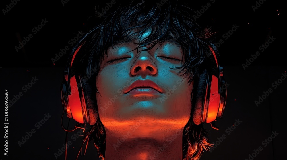 A serene young person wearing headphones, immersed in music. A serene young person wearing headphones, immersed in music.