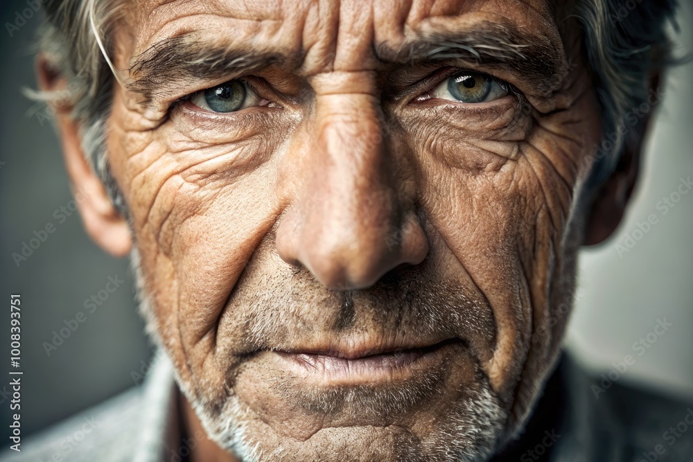 Close-up of a mature man's face showing deep wrinkles and expression lines in natural light setting Close-up of a mature man's face showing deep wrinkles and expression lines in natural light setting