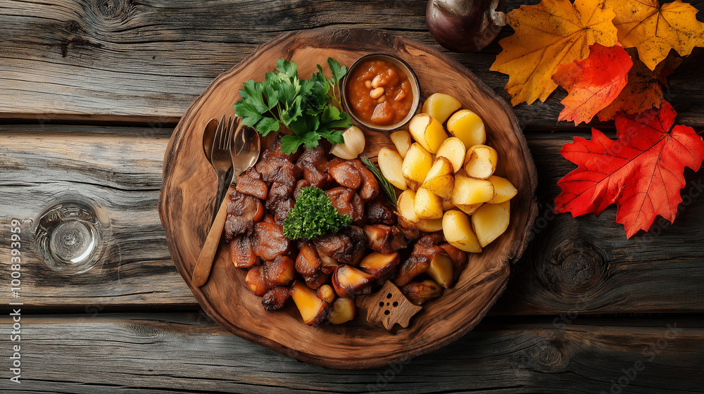 Fototapeta premium The national food of the Canadian cuisine on a beautiful wooden stand