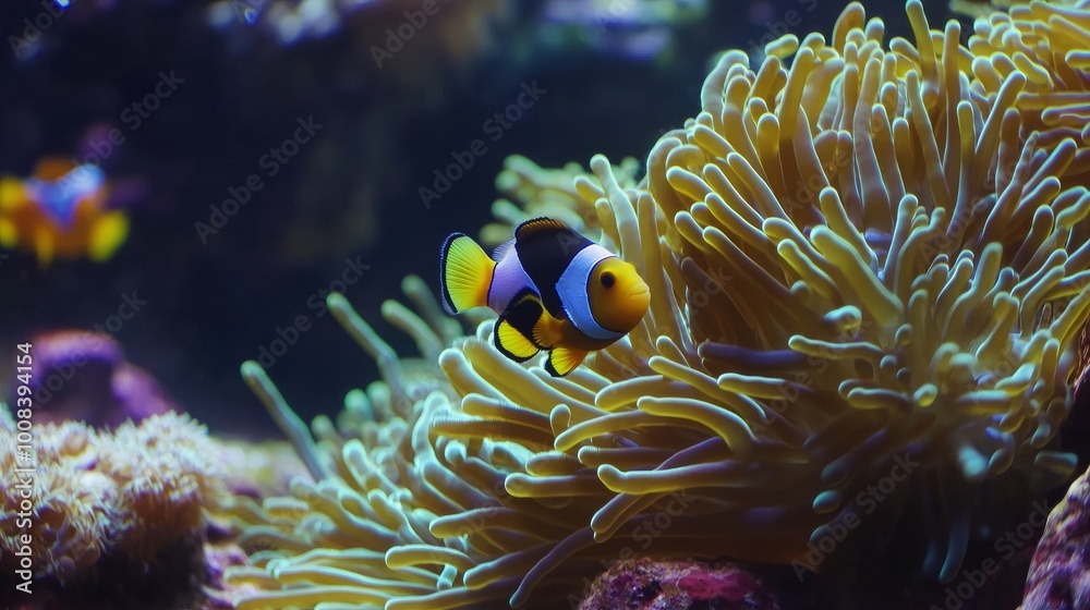 A vibrant orange and white clownfish swims through a coral reef. A vibrant orange and white clownfish swims through a coral reef.