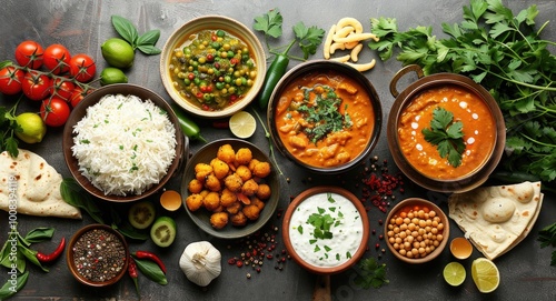 Colorful Indian Cuisine Variety with Rice, Curry, and Naan Bread