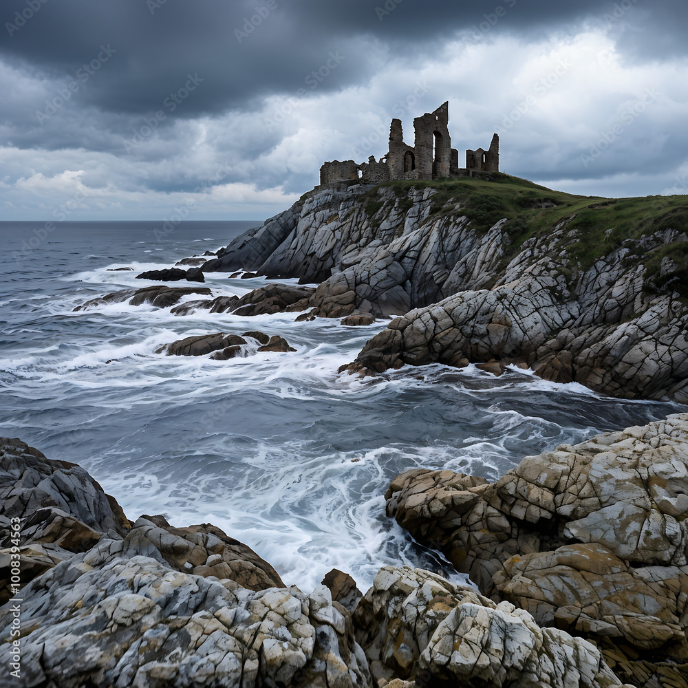 cliff on a rough sea with a castle cliff on a rough sea with a castle
