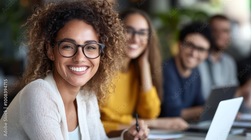 Smiling Woman with Glasses in Modern Office Setting Smiling Woman with Glasses in Modern Office Setting