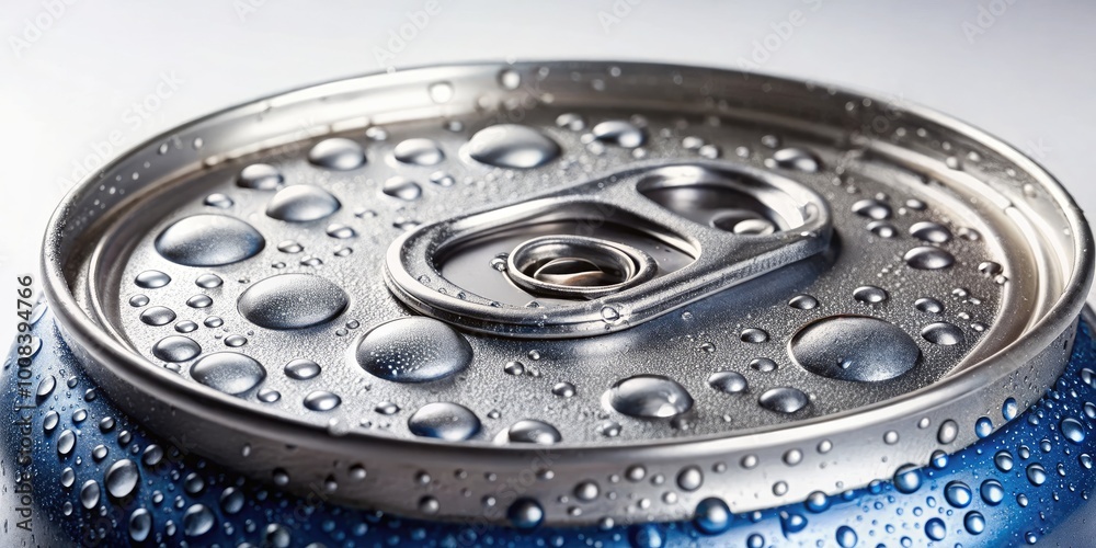 Close-up of a shiny aluminum can with water droplets on a white background for commercial use Close-up of a shiny aluminum can with water droplets on a white background for commercial use