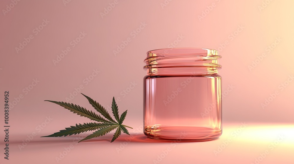 A glass jar filled with liquid and a cannabis leaf beside it. A glass jar filled with liquid and a cannabis leaf beside it.