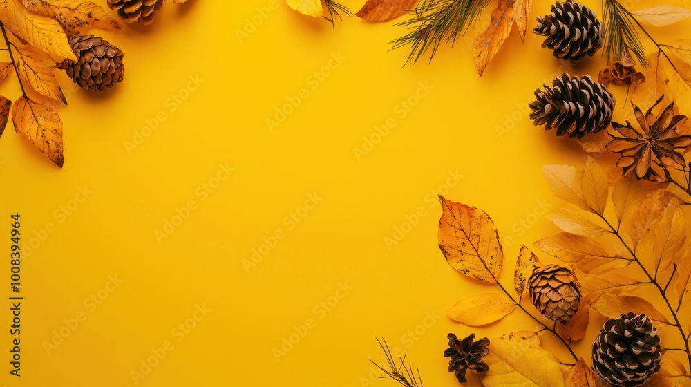 Naklejka premium Yellow Background with Leaves and Pinecones Arrangement