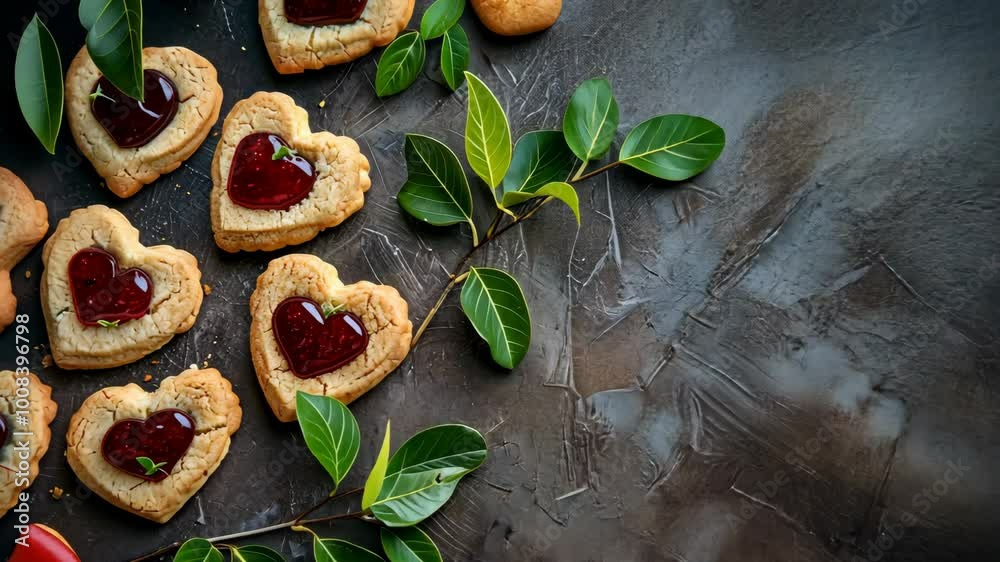 Heart-shaped cookies with red jelly filling and green leaves on a dark surface Heart-shaped cookies with red jelly filling and green leaves on a dark surface