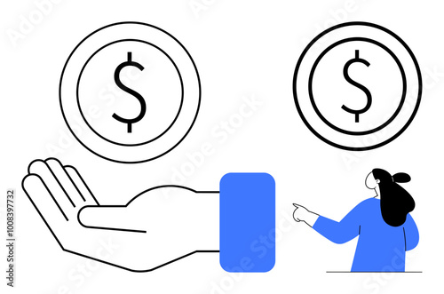 Hand holds a dollar symbol with another dollar icon above a woman pointing. Ideal for business, finance, banking, savings, investments. Minimalistic style with simple lines and blue accents