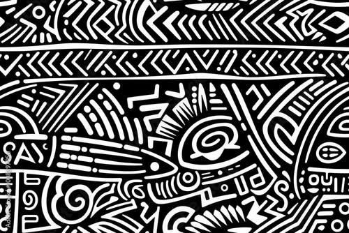 black and white seamless tribal pattern, geometric african ethnic doodle design