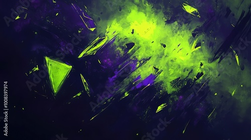 Sharp, angular shapes in neon green and deep purple, scattered across a smoky black background, creating a chaotic, unsettling Halloween vibe.