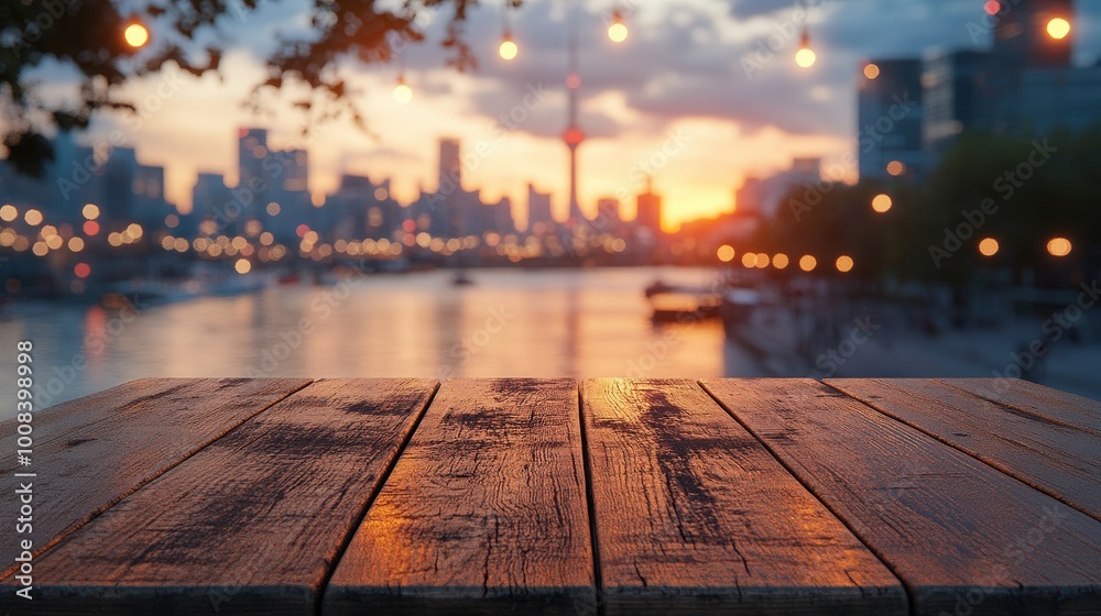 Sunset City Skyline with Wooden Table Foreground Sunset City Skyline with Wooden Table Foreground
