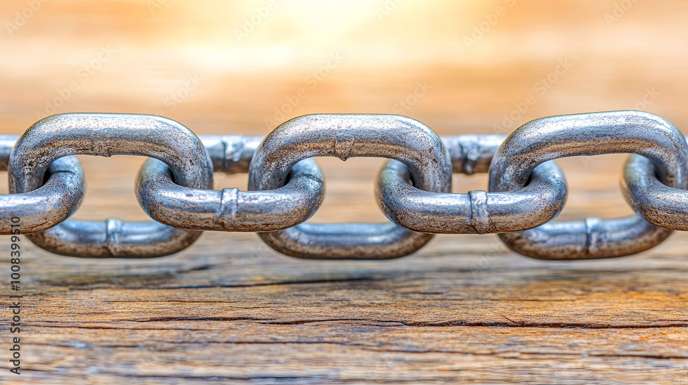 Close-up View of Steel Chain Links Resting on a Wooden Surface in a Well-Lit Setting, Showcasing the Texture and Details Close-up View of Steel Chain Links Resting on a Wooden Surface in a Well-Lit Setting, Showcasing the Texture and Details