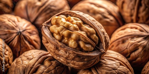 Close-up view of a whole walnut with its intricate shell and a glimpse of the nut inside.