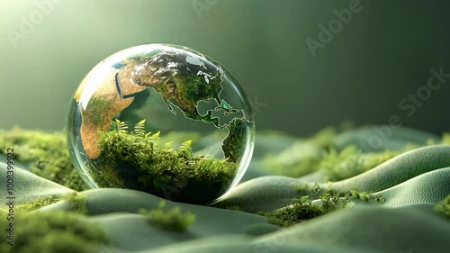 Green globe on a tree, representing Earth's nature and ecology, suspended in space
