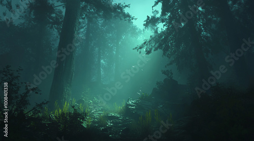 Enchanted Forest with Glowing Mystical Lights and Fog for a Fantasy Nature Scene in Vibrant and Dreamlike Atmosphere