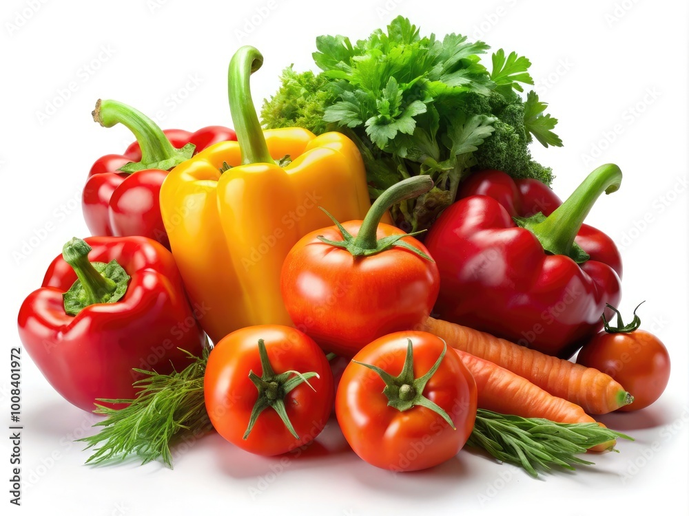 Colorful 3D Render of Fresh Vegetables Including Carrots, Tomatoes, and Bell Peppers on White Background Colorful 3D Render of Fresh Vegetables Including Carrots, Tomatoes, and Bell Peppers on White Background
