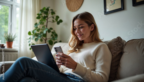 person using laptop, woman is using a phone sitting on a sofa