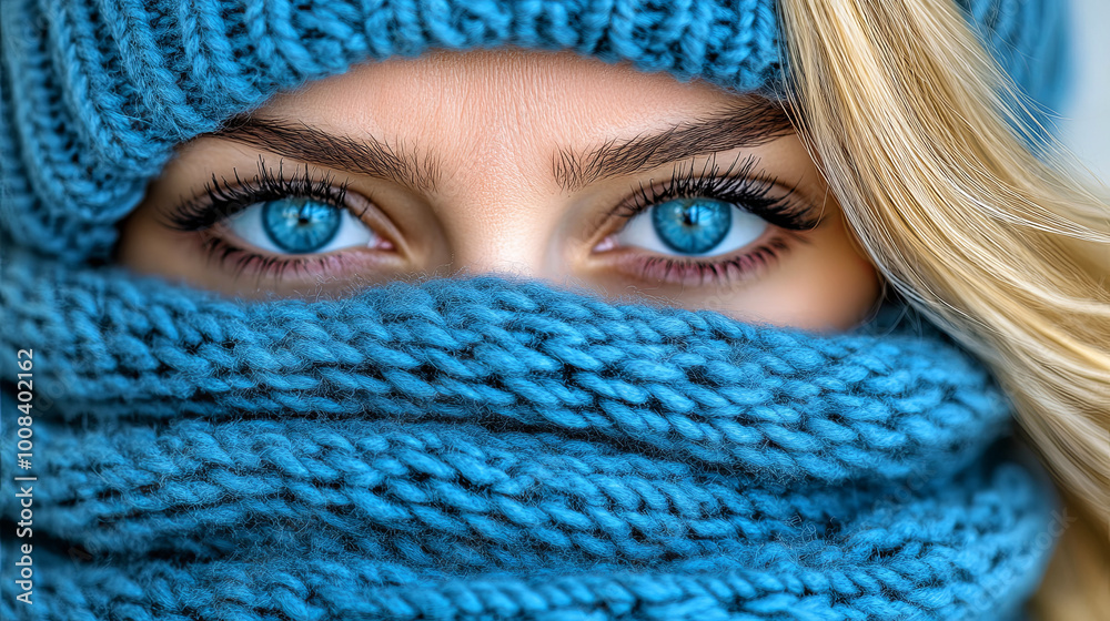 A Young Woman With Striking Blue Eyes Wrapped in a Thick Blue Scarf, Showcasing Winter Fashion Against a Cold Backdrop A Young Woman With Striking Blue Eyes Wrapped in a Thick Blue Scarf, Showcasing Winter Fashion Against a Cold Backdrop
