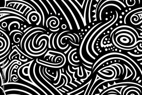 black and white seamless tribal pattern, geometric african ethnic doodle design photo