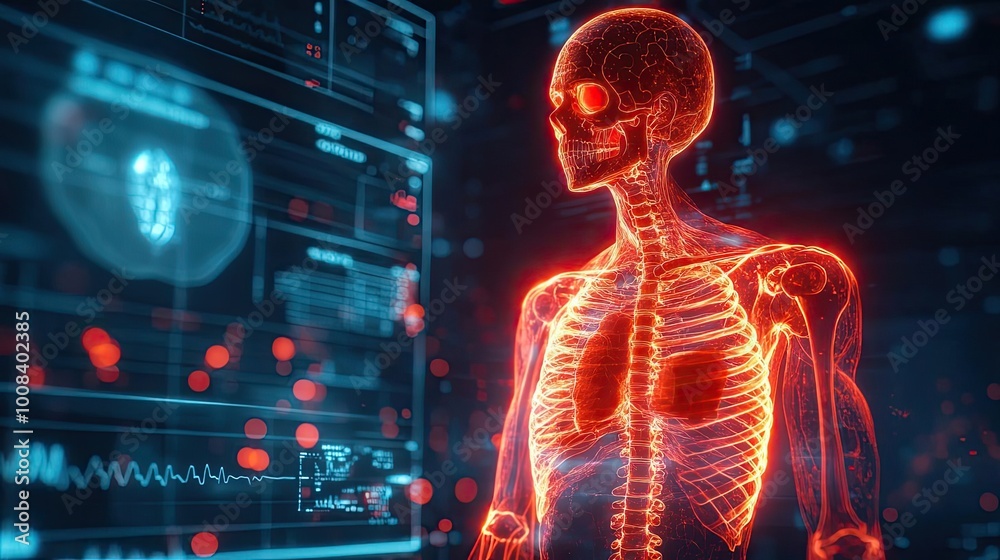 A glowing digital skeleton illustration showcasing intricate bone structure and anatomy for educational and medical use.