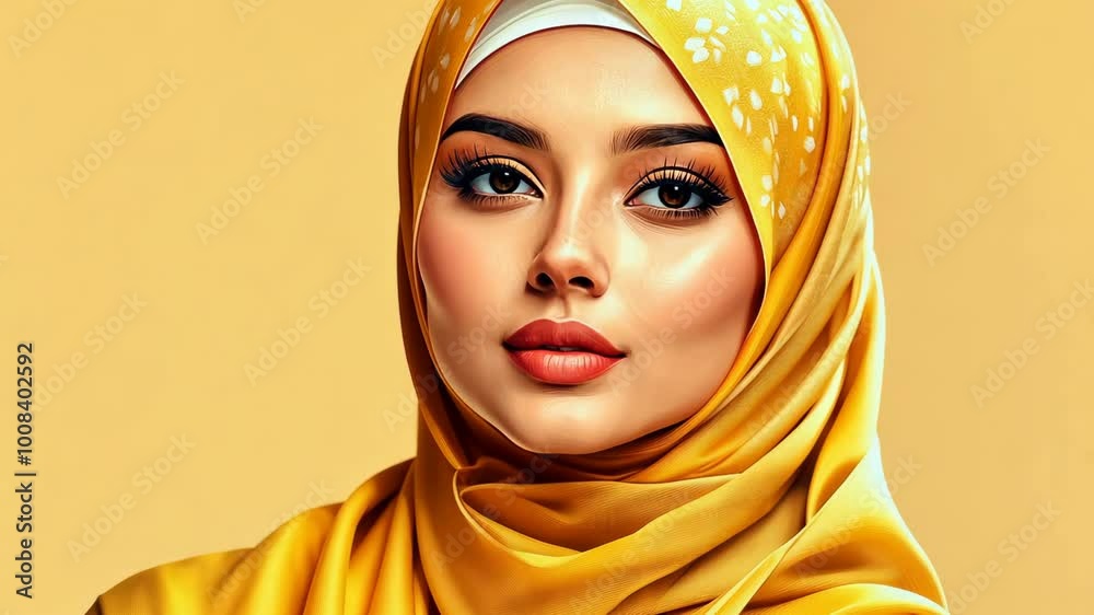 A woman wearing a yellow hijab looks directly at the camera A woman wearing a yellow hijab looks directly at the camera