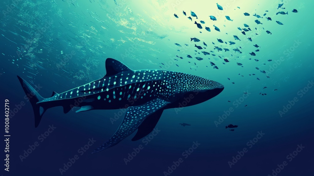 A whale shark swims through a school of fish in the blue ocean.