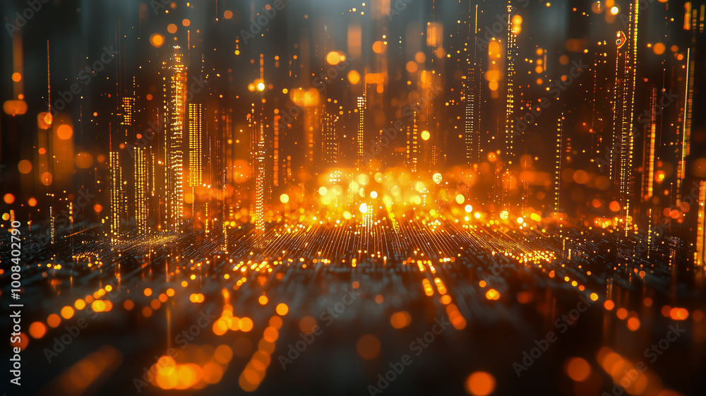 Fototapeta premium A futuristic scene of golden digital data streams and particles forming a glowing