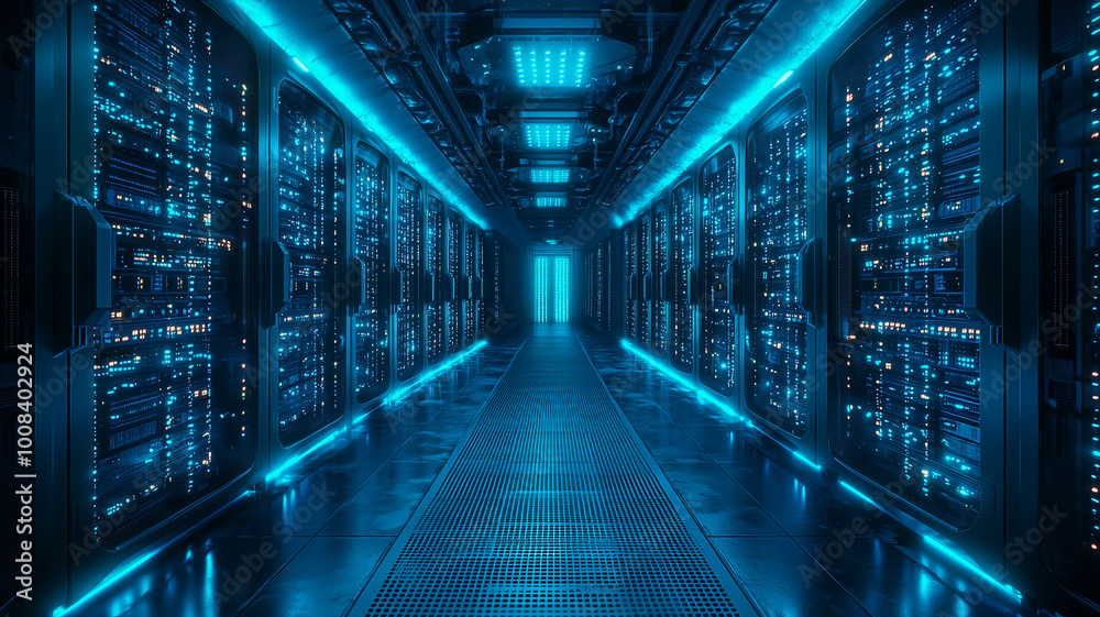 A high-tech data center corridor with glowing blue neon lights and rows of servers A high-tech data center corridor with glowing blue neon lights and rows of servers
