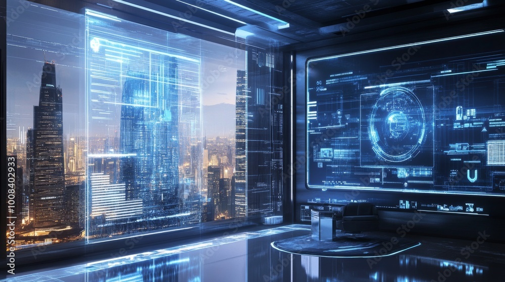 Futuristic Office with City View and Digital Interface Futuristic Office with City View and Digital Interface