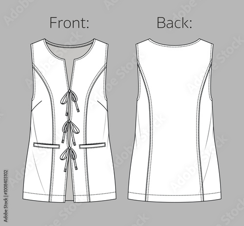 Vector sleeveless jacket with front ties and welt pockets fashion CAD, tailored woman long vest technical drawing, template, flat, sketch. Linen or woven fabric vest with front, back view, white color