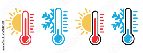 Thermometer vector icons with sun and snowflake. Thermometer with sun and snowflake icon. Hot and cold temperature scale for weather or freezer, isolated thermometer temperature symbols on transparent