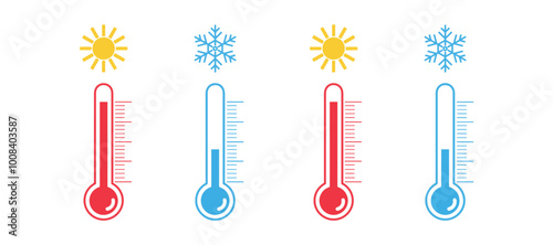 Thermometer vector icons with sun and snowflake. Thermometer with sun and snowflake icon. Hot and cold temperature scale for weather or freezer, isolated thermometer temperature symbols on transparent