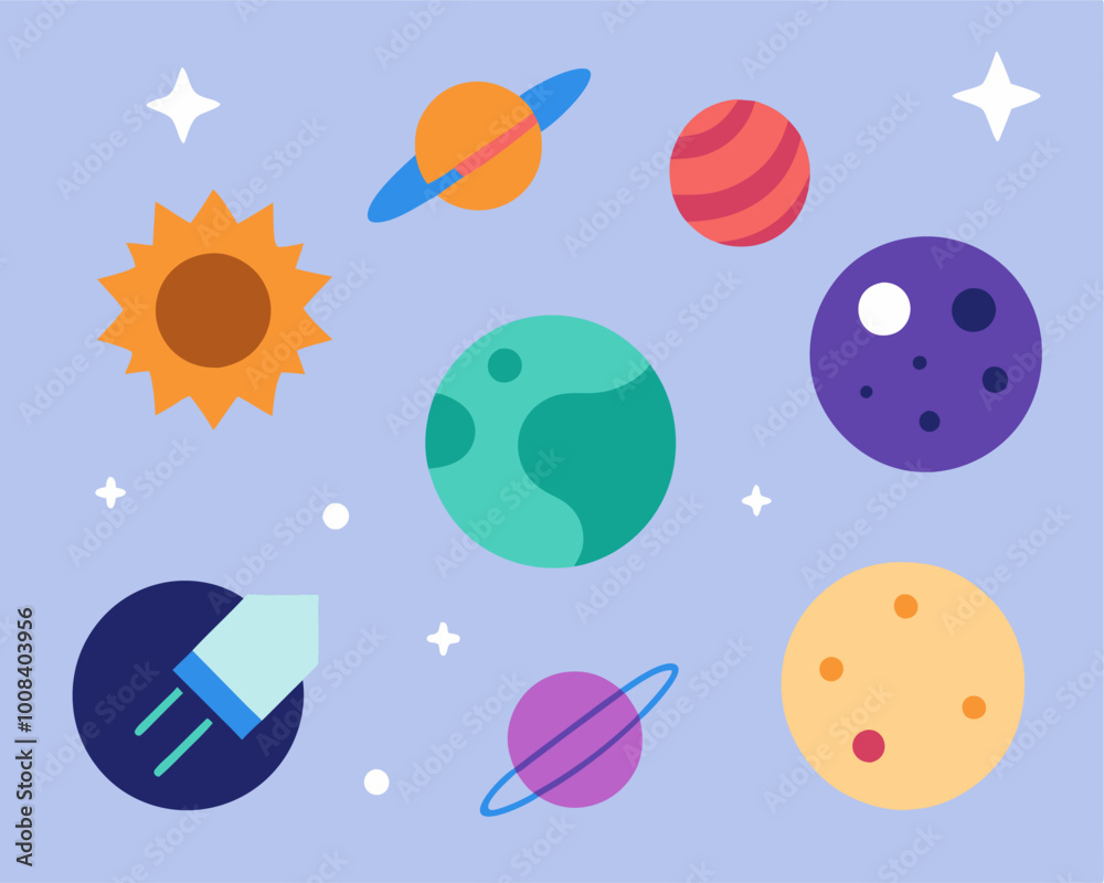 A fun and colorful illustration of a solar system, featuring planets, stars, a rocket, and a sun. Perfect for adding a playful touch to your designs, kids' products, or space-themed projects. A fun and colorful illustration of a solar system, featuring planets, stars, a rocket, and a sun. Perfect for adding a playful touch to your designs, kids' products, or space-themed projects.