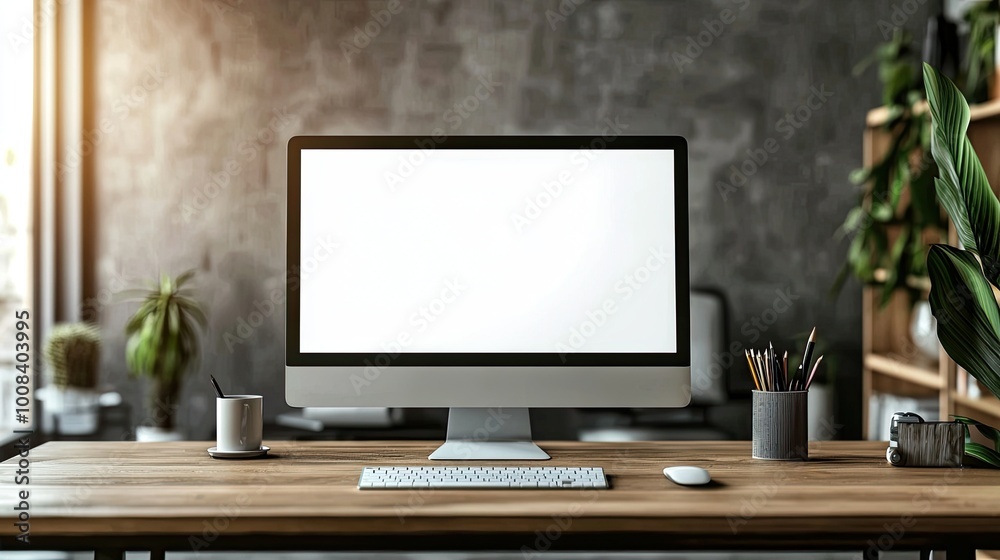 Mockup computer screen on wooden table in modern room. Workplace concept Mockup computer screen on wooden table in modern room. Workplace concept
