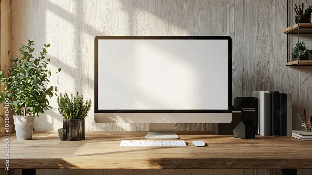 Mockup computer screen on wooden table in modern room. Workplace concept Mockup computer screen on wooden table in modern room. Workplace concept