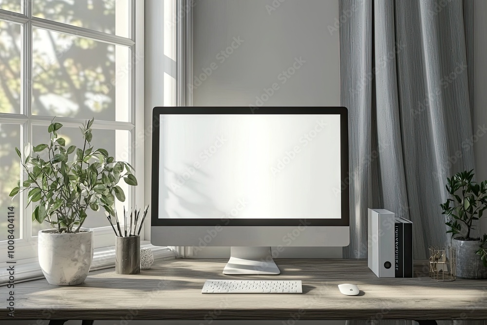 Mockup computer screen on wooden table in modern room. Workplace concept Mockup computer screen on wooden table in modern room. Workplace concept