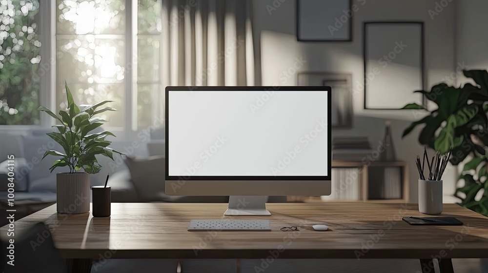 Mockup computer screen on wooden table in modern room. Workplace concept Mockup computer screen on wooden table in modern room. Workplace concept