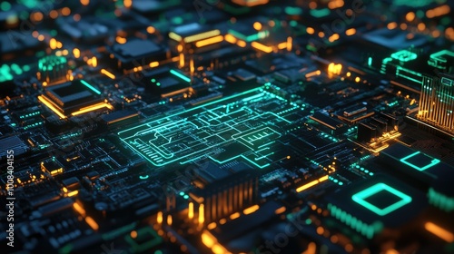 3D rendering of a digital circuit board with glowing blue and green elements, representing innovation and tech development.