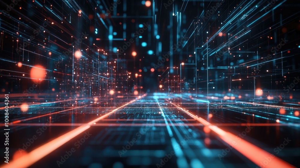 3D rendering of a futuristic digital space with glowing lines and floating polygons, perfect for a high-tech, futuristic vibe. 3D rendering of a futuristic digital space with glowing lines and floating polygons, perfect for a high-tech, futuristic vibe.