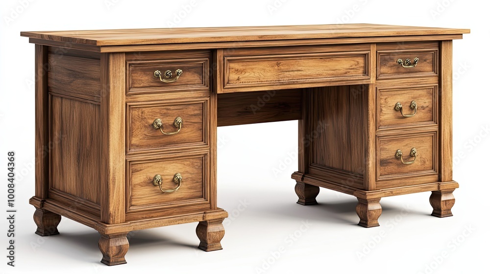Antique Wooden Desk with Six Drawers and Brass Handles Antique Wooden Desk with Six Drawers and Brass Handles