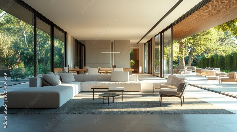 3D rendering of a large, luxurious modern living room with spacious ...