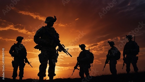 Silhouette of Five Soldiers Standing with Gear on Hill at Sunrise: Dramatic Military Scene