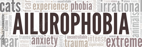 Ailurophobia: Fear of Cats word cloud conceptual design isolated on white background.