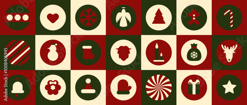 Christmas Geometric Banner in Trendy Style. Holiday season, Trendy, contemporary abstract design. Geometric seamless pattern with winter patterns in scandinavian style. Trendy colored pattern